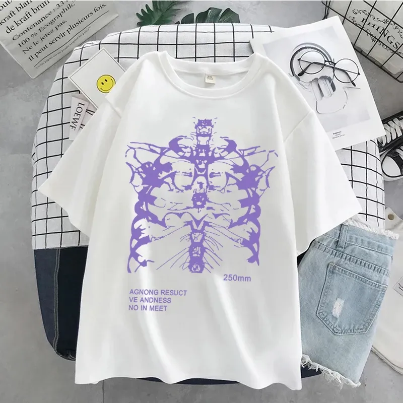 Hiphop zomer korte mouw streetwear dames harajuku thirt skelet print vintage kleding t -shirt punk oversized goth tops tee 220615