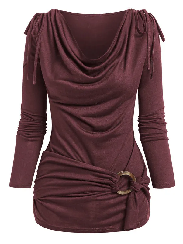 Wipalo Cowl Hals Cinched O Ring Tee Lange Mouw Losse Tops Dames Lente Herfst Stijl Blouses Shirt 220408
