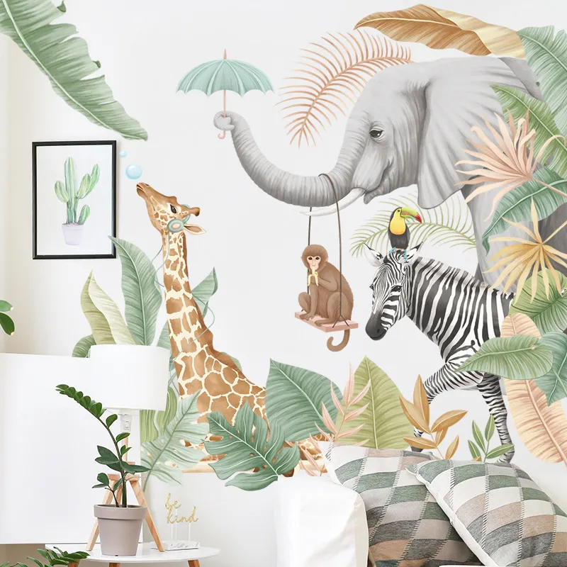 Large Forest Animals Wall Stickers for Kids Rooms Boys Room Bedroom Decor Tiger Giraffe Wallpaper Posters Jungle Decoration