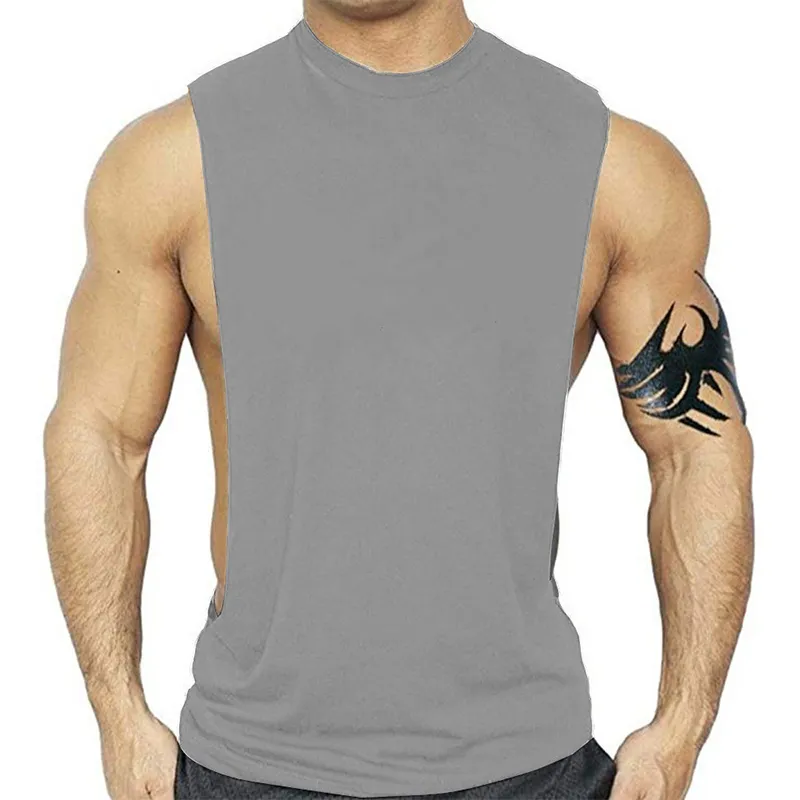 Estate Mens Large Split Canotte Cotone senza maniche Fitness Camicie Casual Maschile Bodybuilding Canotta Plus Size Solid Gym Vest 220627