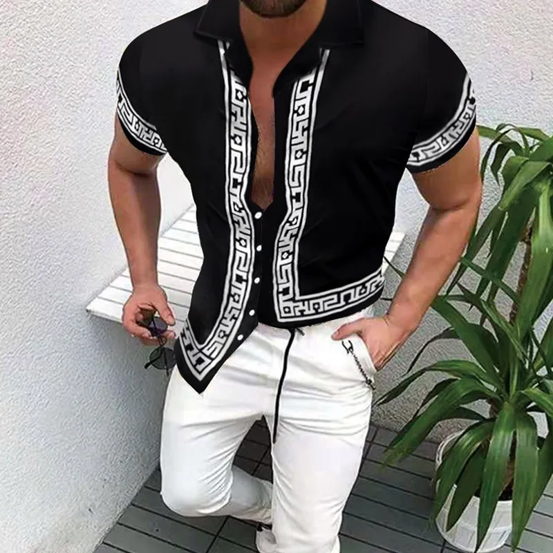 Högkvalitativ modemän överdimensionerade casual skjorta randtryck Kort ärm för män klädkläder prom party cardigan blusar s-3xl 220610