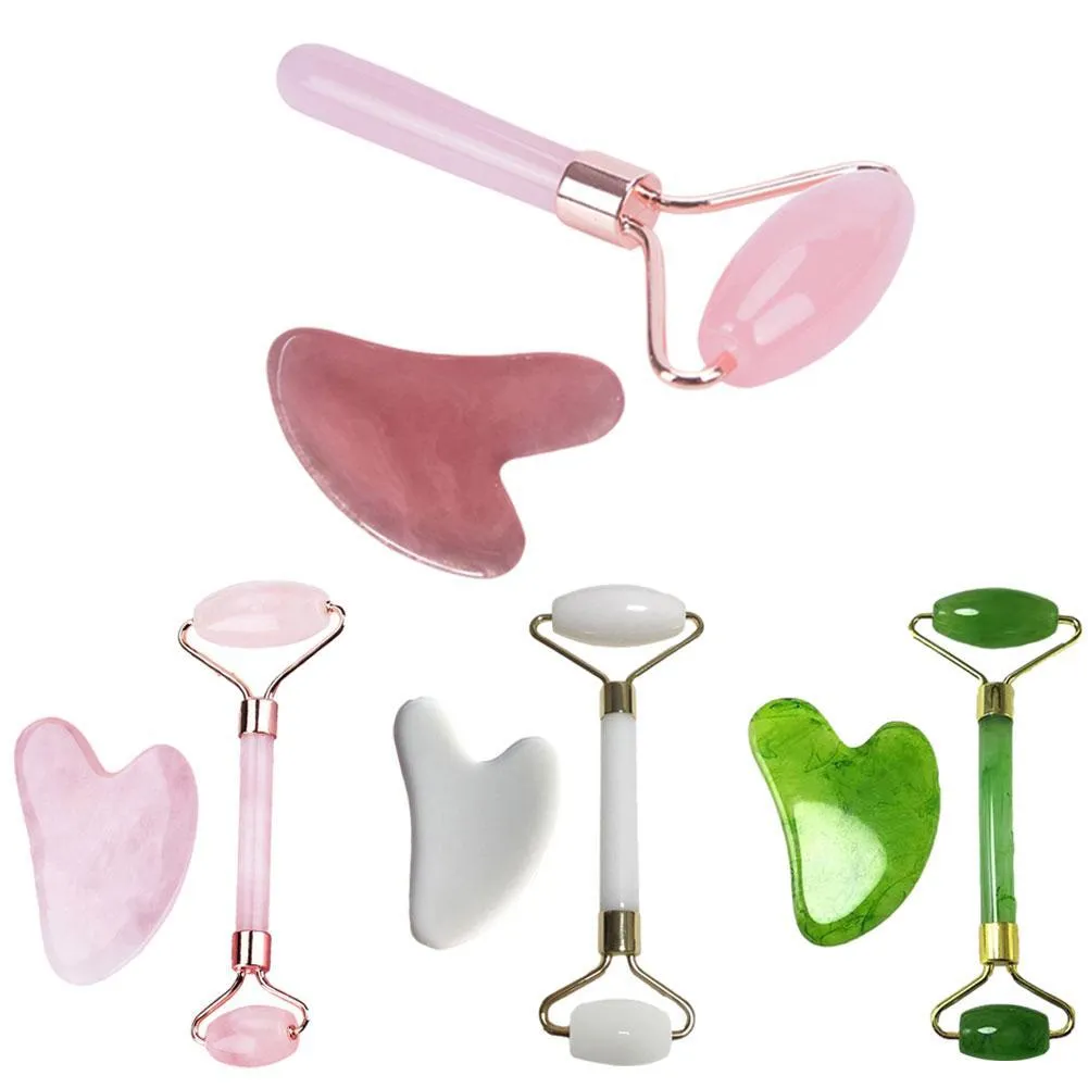 2 pezzipietra Kamien Gua Sha massaggio viso quarzo rosa pietra di giada rullo massaggio viso Gua Sha raschietto viso