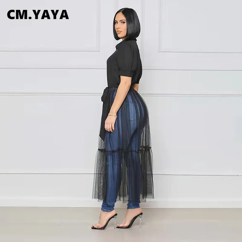 CM. Yaya Elegancka siatkowa patchworka w stylu koszuli z wysokim talią maxi długa sukienka dla kobiet letnie sukienki uliczne w pojedynczej piersi 220516