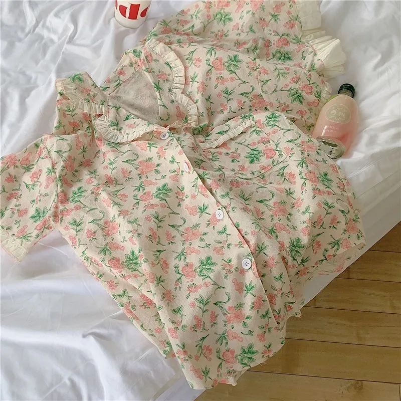 Pyjama Sets Turn Down kraag korte mouw vrouwen zomer bloemen bedrukte dunne kawaii trendy dames 2 stks kimono pyjama's elegant 220511