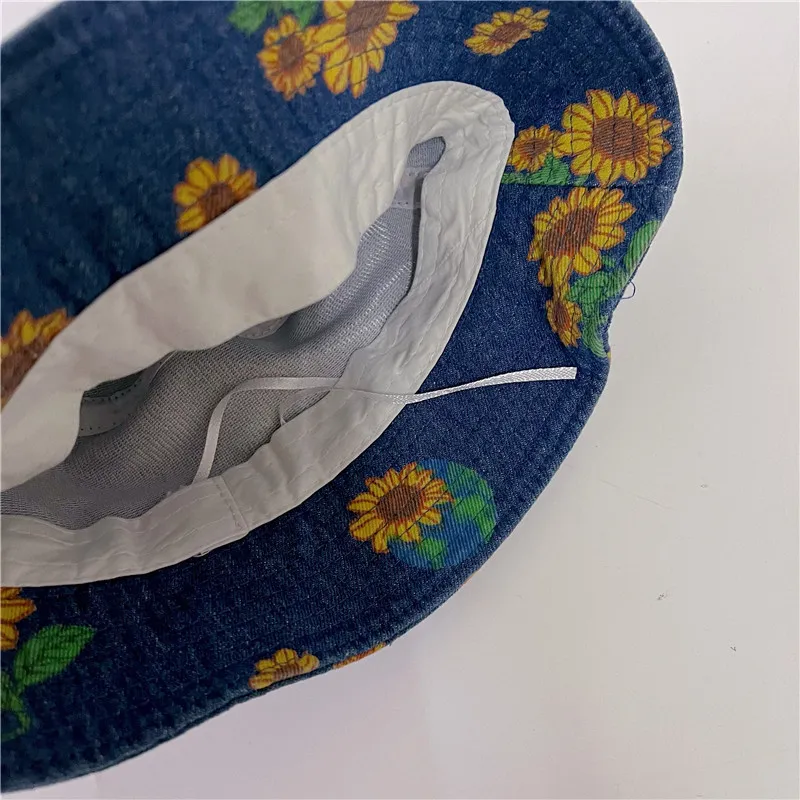 Milancel Summer Children's Denim Bucket Hat Sunflower Print Big Brim Hat 220611