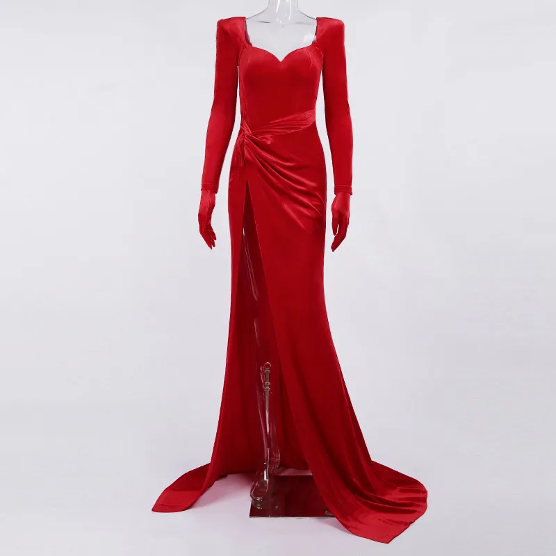 Элегантная бархатная шейная шейка с длинным рукавом с перчатками повязкой вечерняя вечеринка клуб платье по полу женское сексуальное раскол на платьях 220521