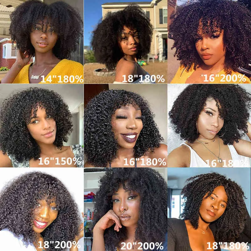 200 Densidade peruca encaracolada com franja Human Hair s Machine fez franja curto bob grosso afro kinky s para mulheres negras 220707