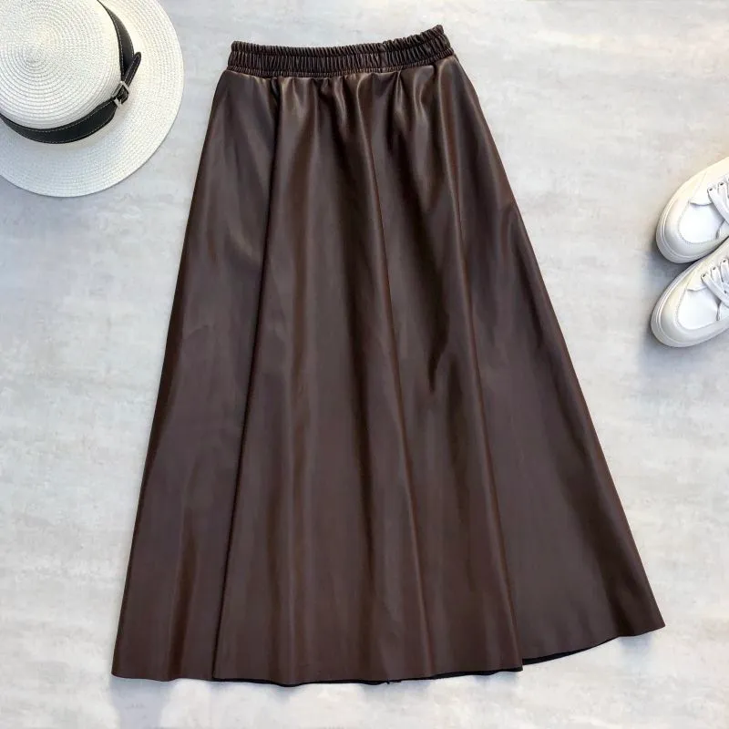 Neophil 80cm Women Leather Long Skirts Pockets Winter Elastic Waist A-Line Flare Skirt Brand Thick Latex Falda Larga S21864 220401