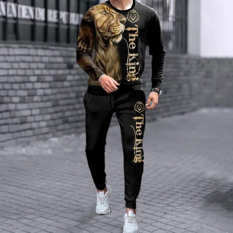 Lion King T-shirt met lange mouwen Heren Lente joggingbroek Mode Lentekleding Oversized trainingspak 2-delige sets Trendy streetwear 220726