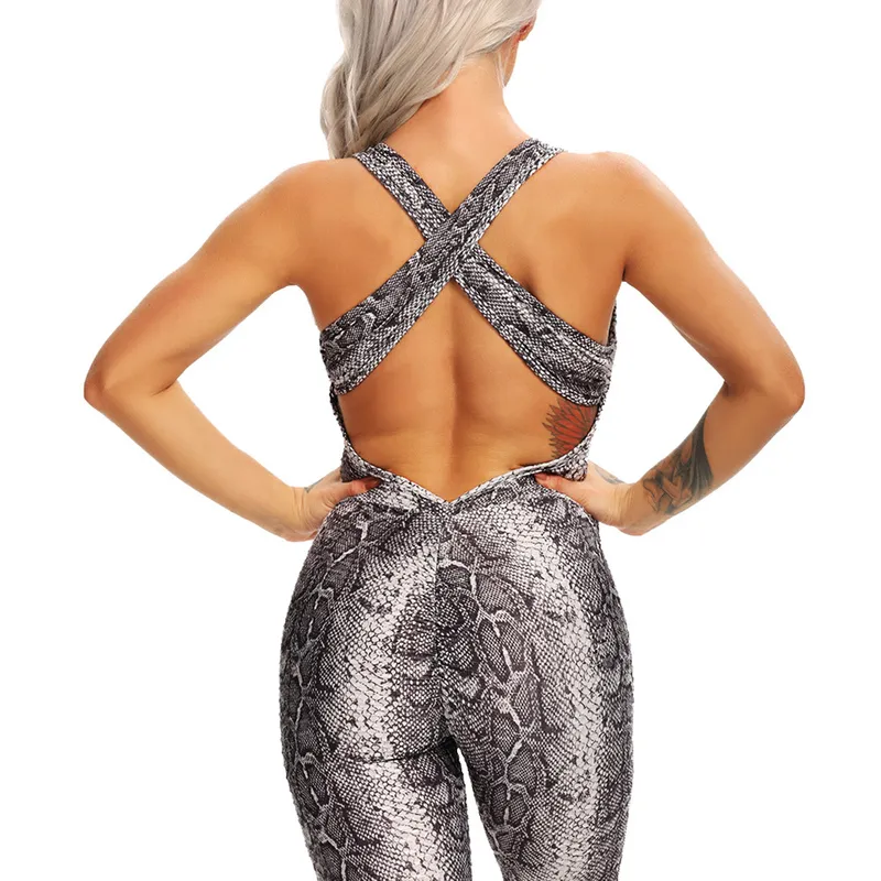 Yılan Desen Baskı Kadın Yoga Set Halter Spor Suit Backless Seksi Tulum Yüksek Bel Hips Pantolon Spor Eşofman 220330