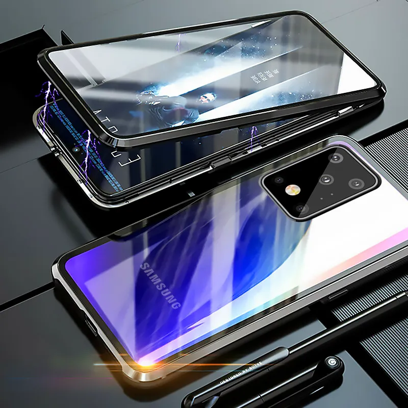 Metalowe etui magnetyczne dla Samsung Galaxy S20 S10 S9 S8 Plus S20 Ultra Uwaga 10 plus A51 A71 Dwustronna pokrywa szkła hartowanego