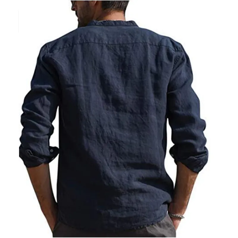 100% Cotton Linen Mens LongSleeved Shirts Summer Solid Color StandUp Collar Casual Beach Style Plus Size 220712