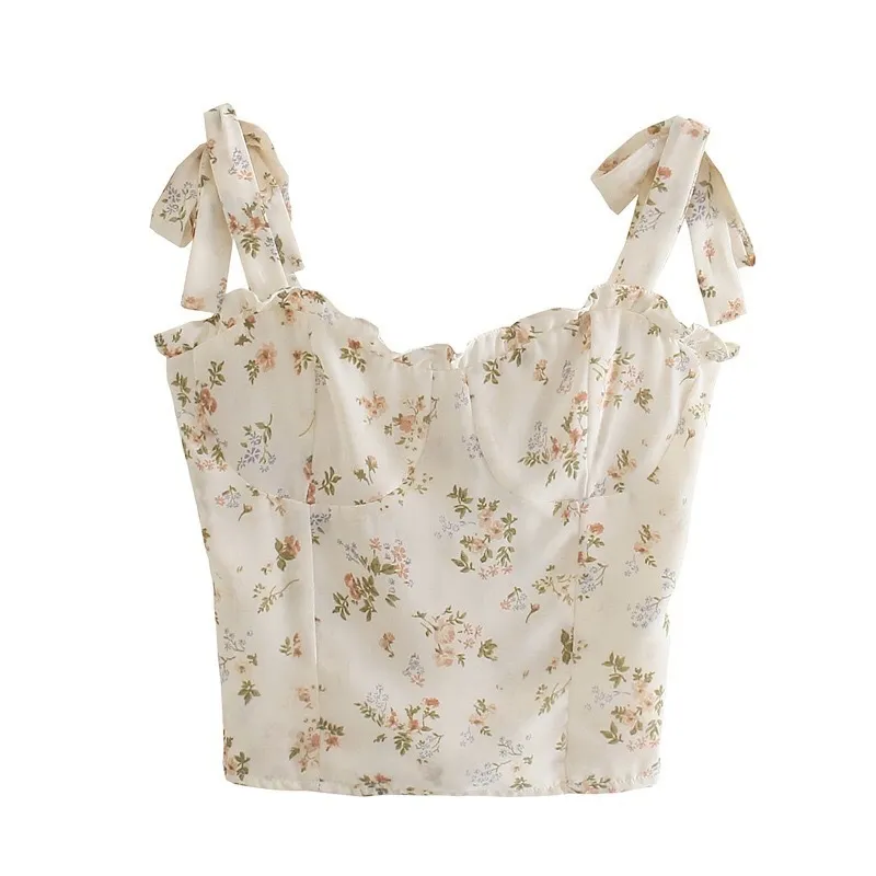 French Tie Bow Strap Fresh Floral Print Camis Donna Summer Increspato Canotte corte Retro Cool Girl Sexy Slim Crop Top Tees 220325