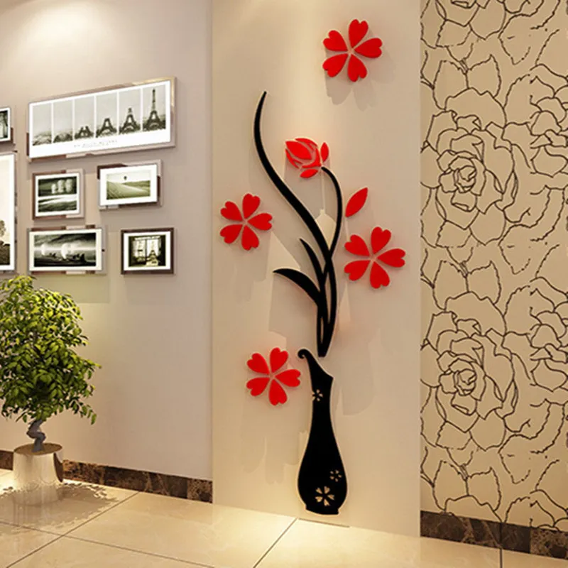 5 Size Colorful Multi Pieces Flower Vase 3D Acrylic Decoration Wall Sticker DIY Art Poster Home Decor Bedroom stick 220607