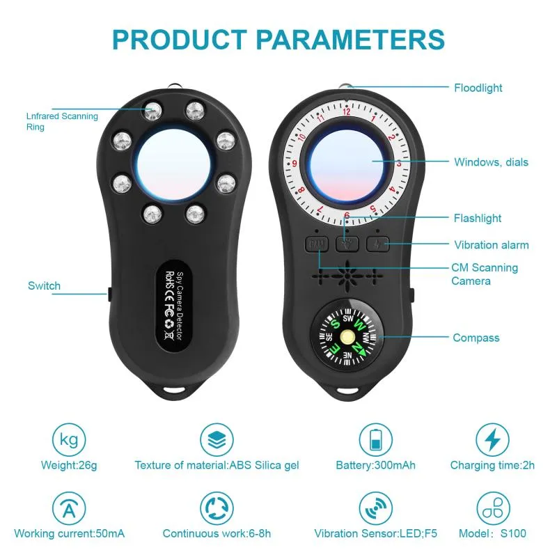 Mini Camera Detector Anti Camera GPS Tracter Eavesdropping Finder Infrared Scanner Multi-Functional Alarm Sensor S100/CC308 Detector