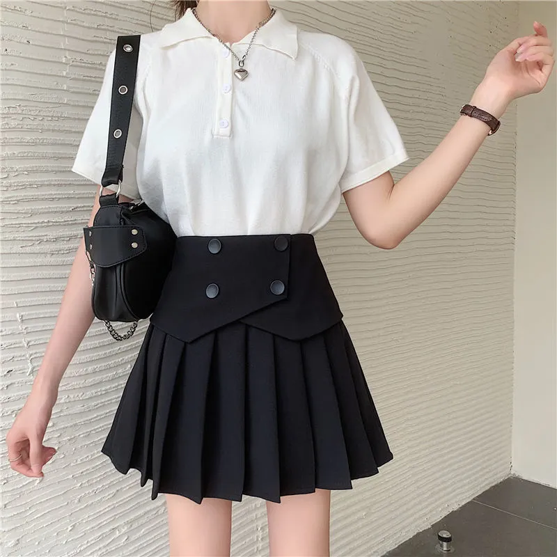 HOUZHOU Jupe Plissée Femmes Kawaii Noir Patchwork Taille Haute Mini Jupes pour Filles D'été Mode Coréenne Style Preppy Élégant 220322