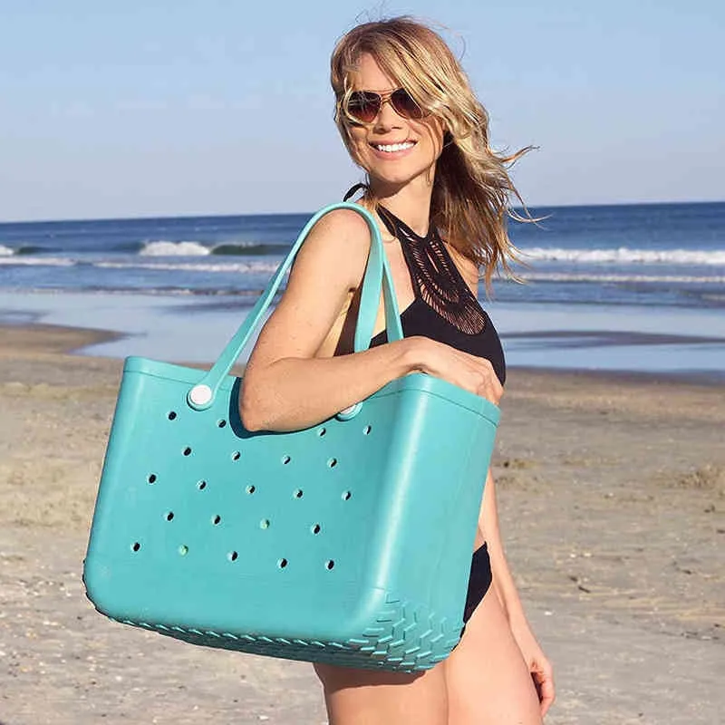 حقيبة مسائية شاطئ كبير سعة تخزين السيليكون إيفا أزياء الإبداع مقاوم للماء الثقب الرملي حقيبة يد الصيف سلة في الهواء الطلق 0623