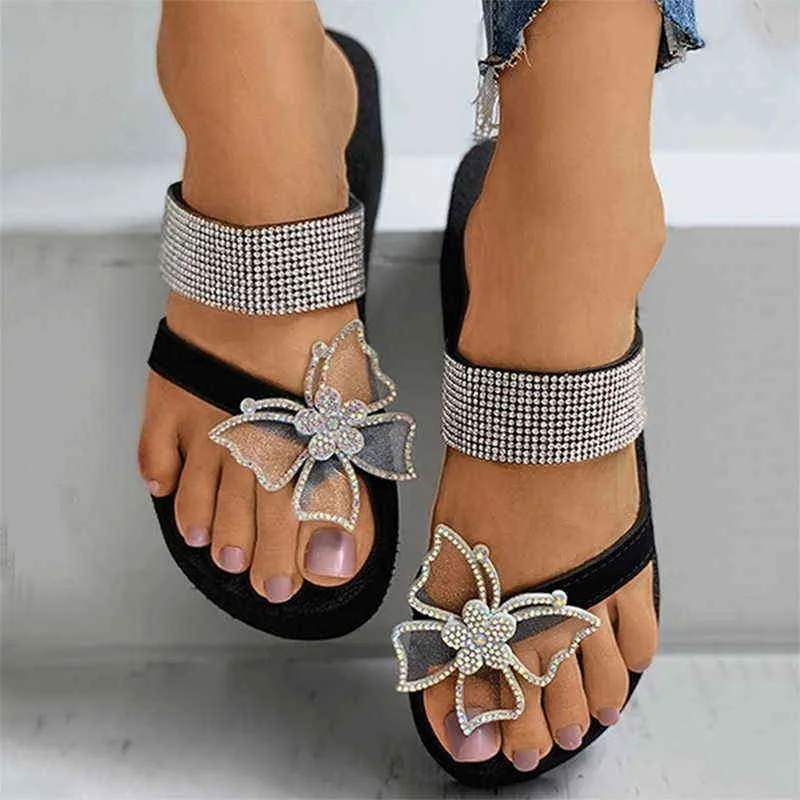 Women's Wedge Sandals 2022 Summer Fashion Slippers Platform Rhinestone Butterfly Slipper Outdoor Open Toe Ladies Shoes Flip-flop Y220621