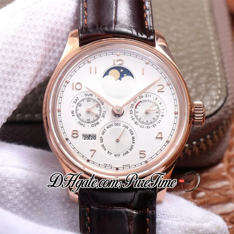 V9F 503302 Calendário perpétuo A52610 ASSISTA AUTOMÁTICA DE MOL GOLD ROSE BRANCO DIAL Fase Power Reserve Brown Strap Super 226Y