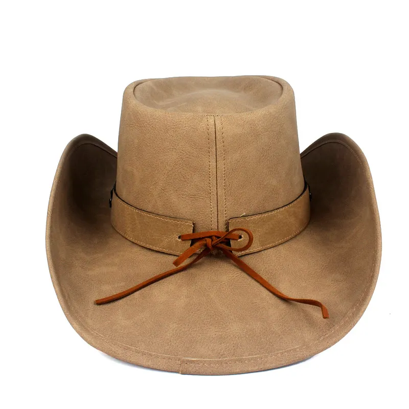 100% Leather Men Western Cowboy Hat Gentleman Dad Fedora Church Sombrero Hombre Jazz Cap Big Size XXL Drop 220813