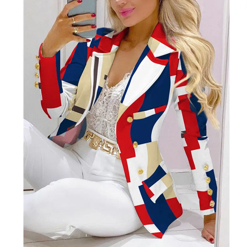 Two Piece Set Women Clothes For Ladies Outfits Lapel Collar Double Breasted Blazer Suit Pants Set Tiger Head Print Suit 220812