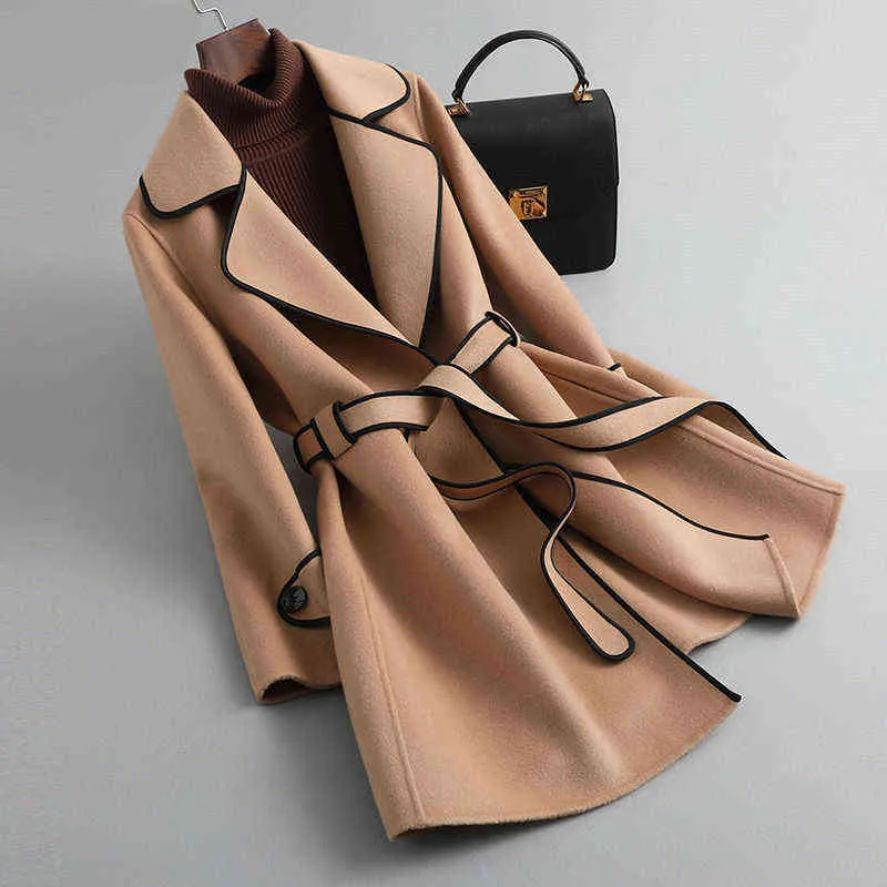 Kobiet płaszcza kobiet wełniana beżowa i czarne luźne długie rękawy grube odzież wierzchnia damskie płaszcz sprężyny 2021 jesień zima L220725