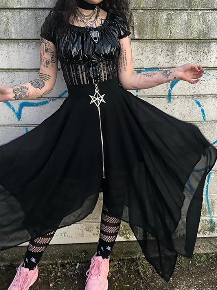 Летняя сетчатая нерегулярная женщина юбки Пентаграмма на молнии черные панк юбки Готическая тьма