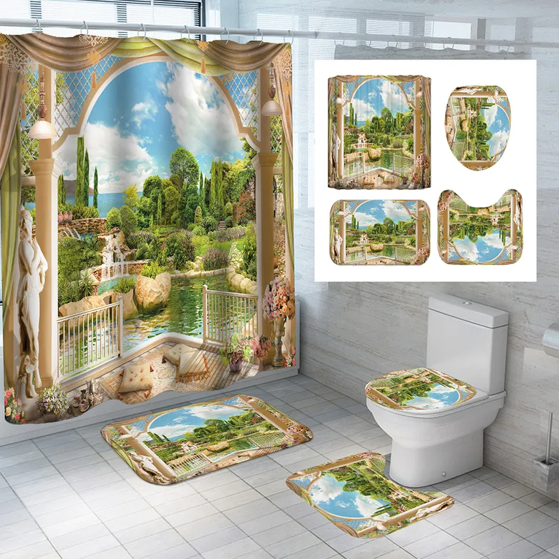 Rideau de salle de bain en Polyester imperméable à motif de plage ensoleillée avec crochets, tapis de bain doux antidérapant, couvercle de toilette, décoration de maison 220517