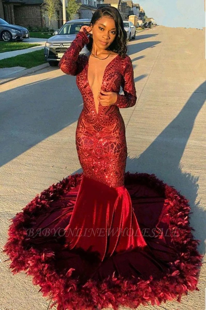 2022 Bourgogne Red Mermaid Feather Prom Dresses Sexig Deep V-Neck långärmad sequined Velet Long Evening Clows African Girls Party 182Q