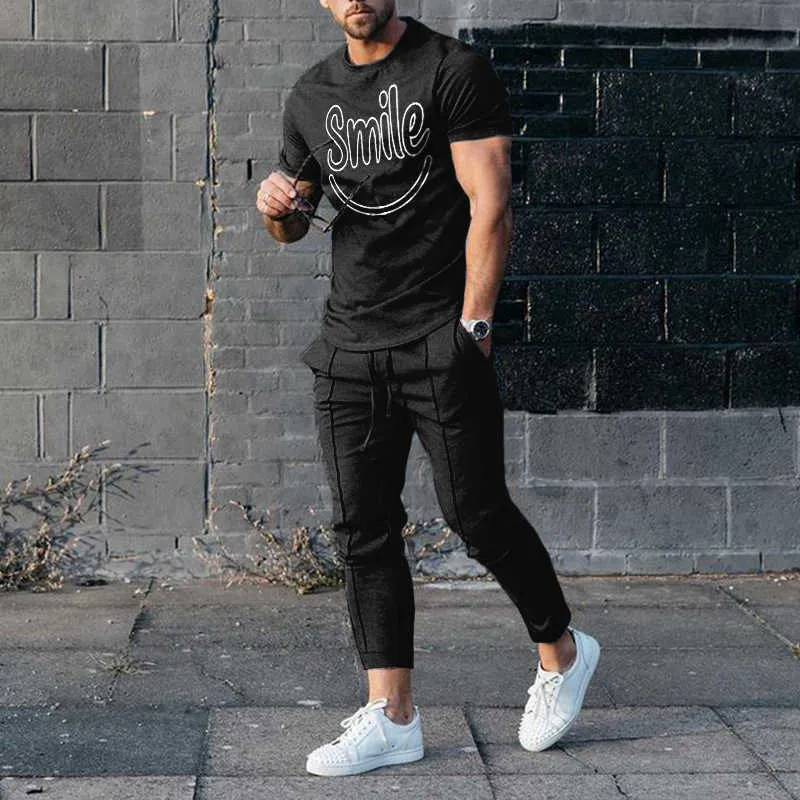 Spring Autumn New Mens Short Sleeve Pants Set 3D Digital Printing Tracksuits Fashion Outfit For Men Tops and Drawstring Pants Suits Mens Casual Clothes