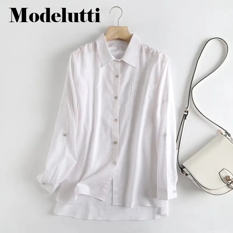 Modelutti Spring Fashion manica lunga maniche piegate camicia di lino donna casual camicette tinta unita top semplici donna 220707