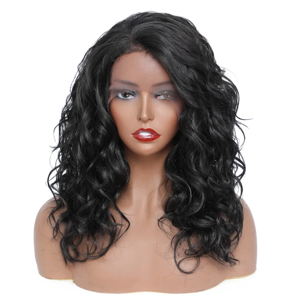 Synthetic Lace Front Wigs Medium Curly Wave Natural Black Free Part Lace Wig With Baby Hair Heat Resistant For Black Womenfactory direct