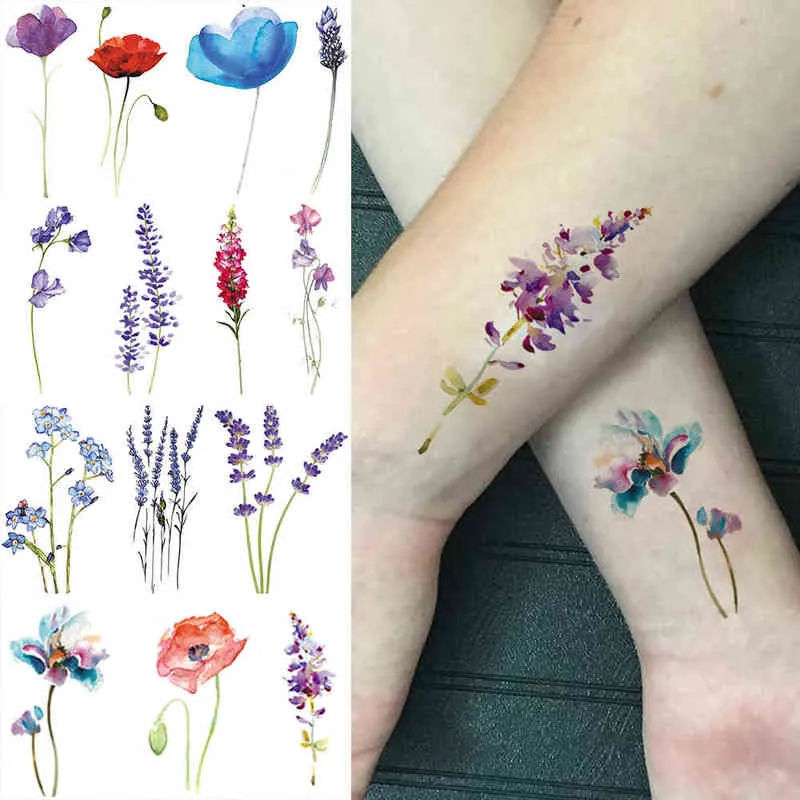 NXY Tattoo Temporário 3D Watercolor Lavender Flor S Para Mulheres Corpo Art Braço Falso Flora Adultos Adultos À Prova D 'Água Meninas Tatoos 0330