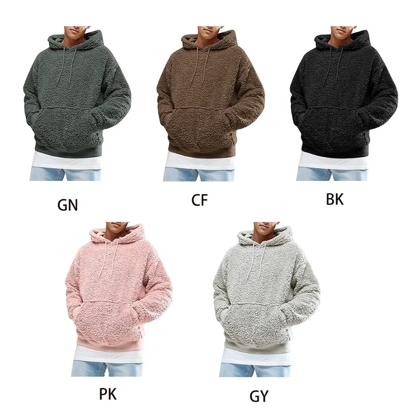 Män Pojkar Vinter Tjockad Plysch Långärmad Sweatshirt Pullover Drawtring Hoodie Toppar med Pocket Fluffy Kangaroo Outwear S-3XL 220325