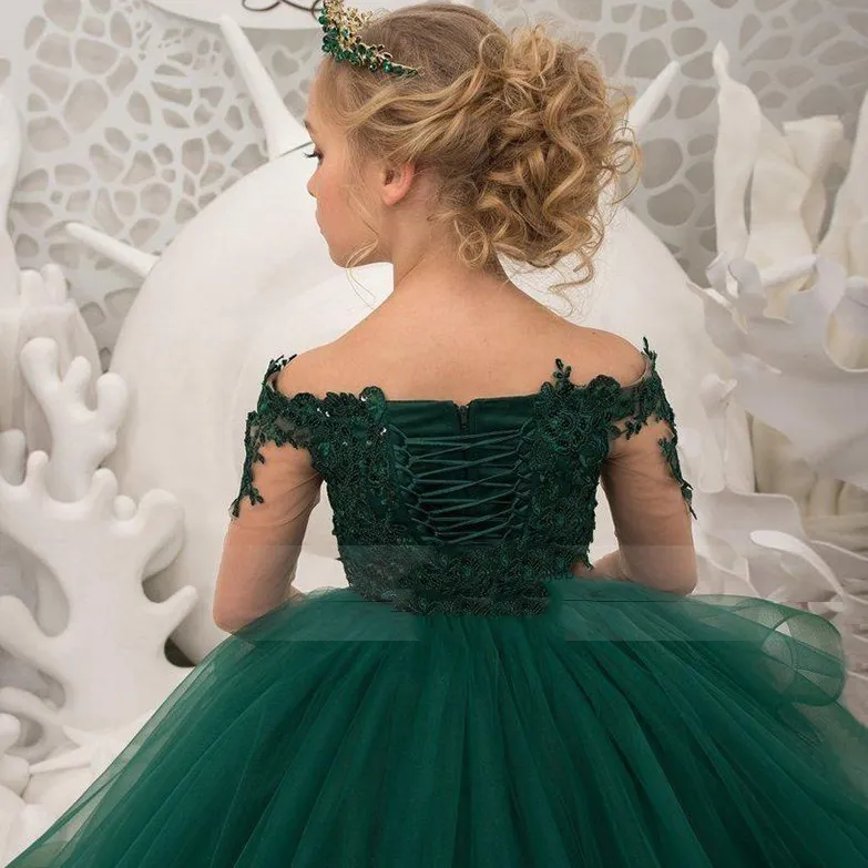 2122 Green Flower Girl Sukienki na Ślub Spaghetti Koronki Kwiatowe Aplikacje Wielopięciowe Spódnice Dziewczyny Korant Dress Kids Birthday Party Suknie