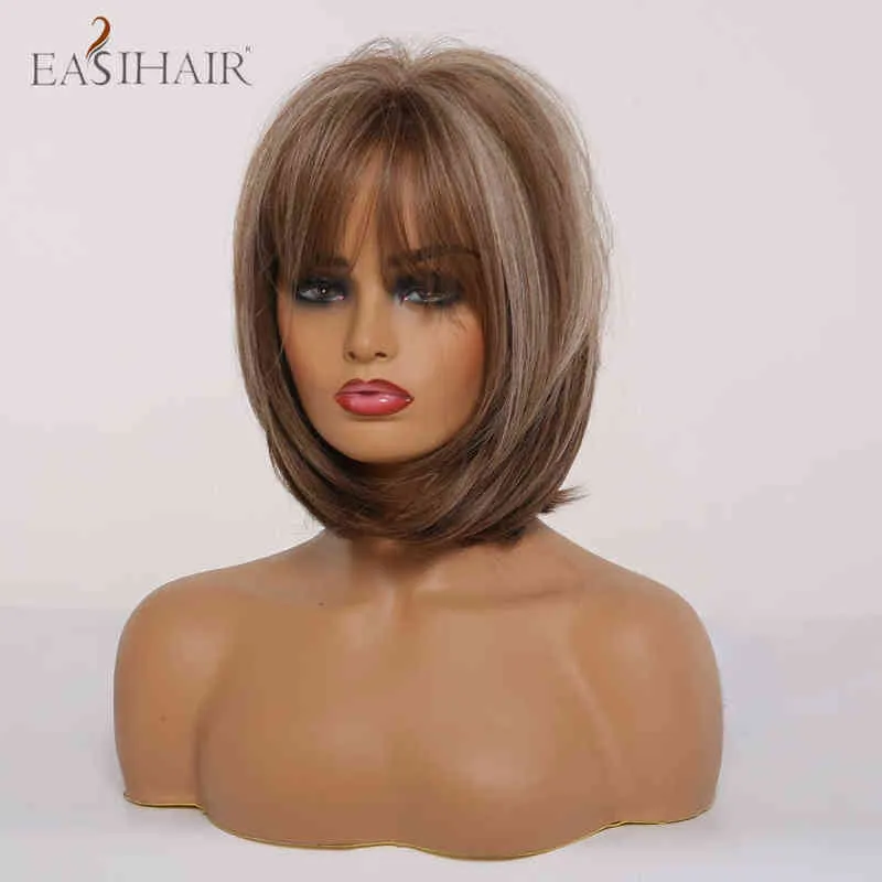 EASIHAIR Dark Brown Short BoBo Hairstyle Bang Wigs with Blonde Highlight Cosplay Heat Resistant Synthetic for Women 220525