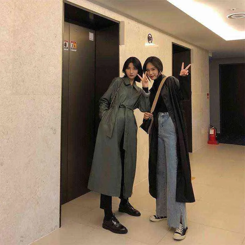Nowe koreańskie wykopu pu kobiety moda luźne cienkie płaszcze z długim rękawem Kobieta jesienna długa skórzana kurtka L220728