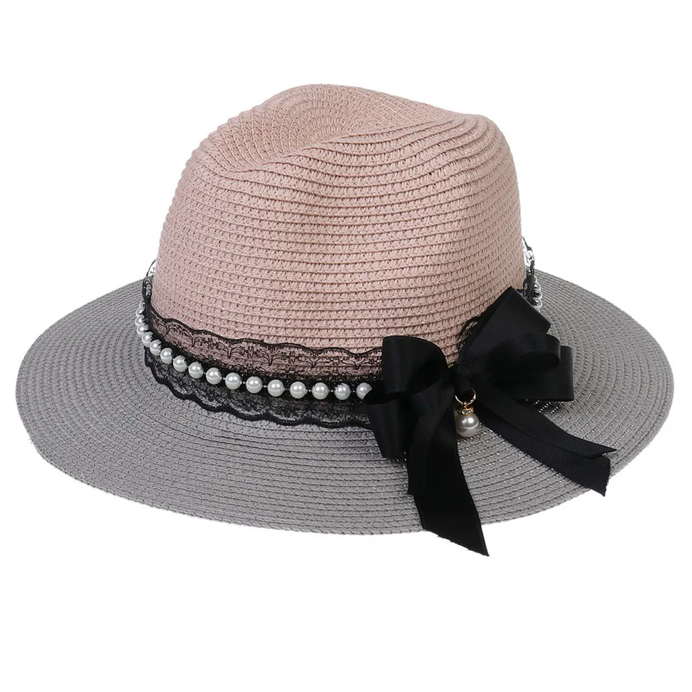 여성 2 톤 태양 모자 검은 레이스 보우 여름 해변 모자를위한 접이식 여행 밀짚 모자