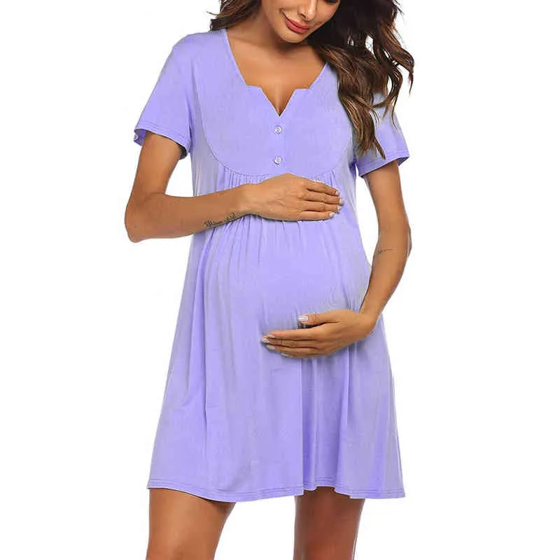 Gravid kvinnlig nattklänning klänning Maternity ammande nattkläder pyjama o-hals fasta knappar Kort ärmklänningar Graviditetskläder G220309