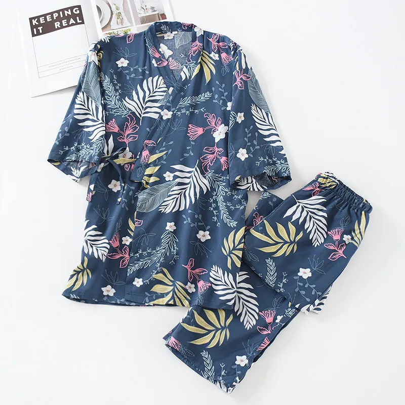 Japanese-style Kimono Two-piece Suit Female Summer 100%Viscose Three-quarter Sleeve Trousers Pajamas Thin Home Service Cover 220329
