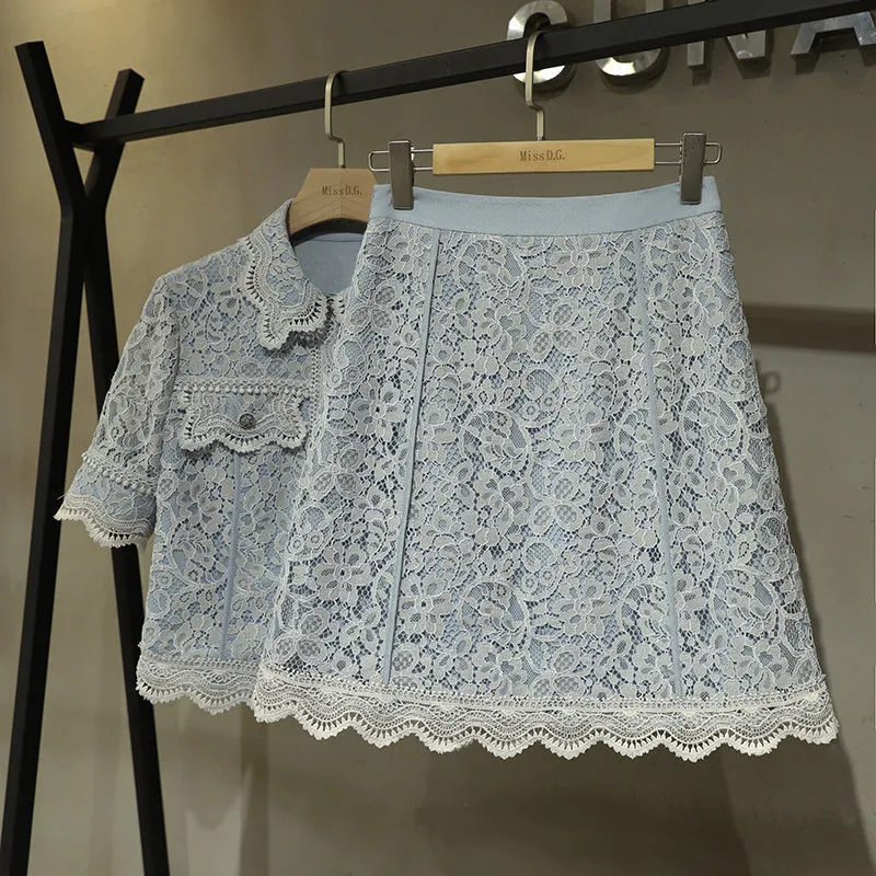 Runway Office Lady Lace Womens Mesh Crochet Summer Blouse Top Sweet Shirts Elegant High Waist Mini Skirts Set Suit 220817