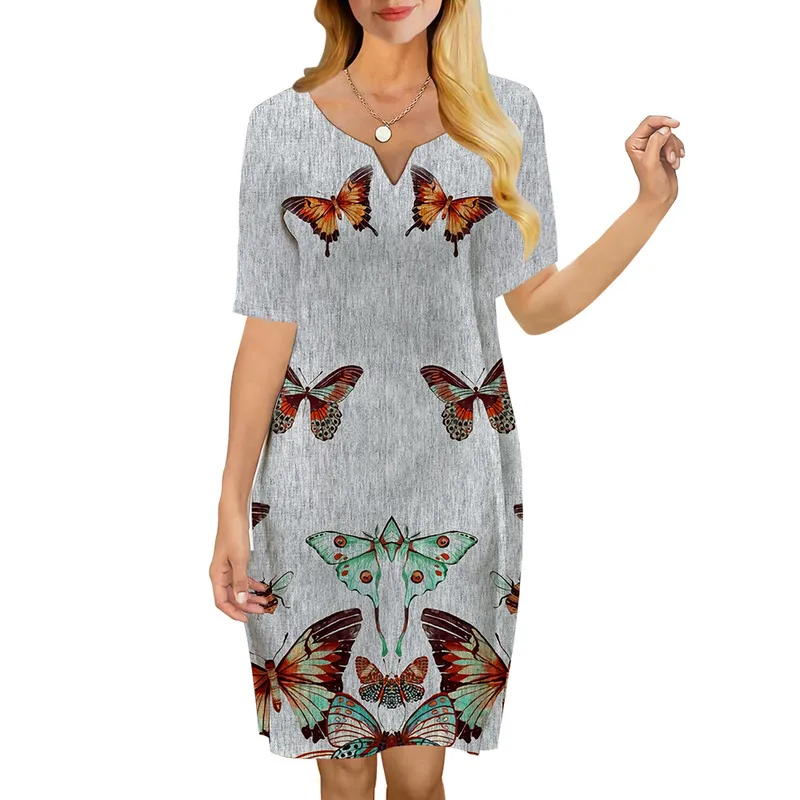 Femmes robe beau papillon 3D imprimé col en v ample décontracté à manches courtes robe droite pour les robes féminines robe grise 220616