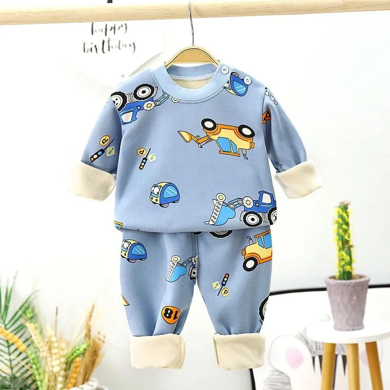 Children s Sleepwear Suits Full Pullover Tees Pants Set Clothes Winter Cartoon Kids Boy Girl Fleece Padded Warm Pajamas 220714