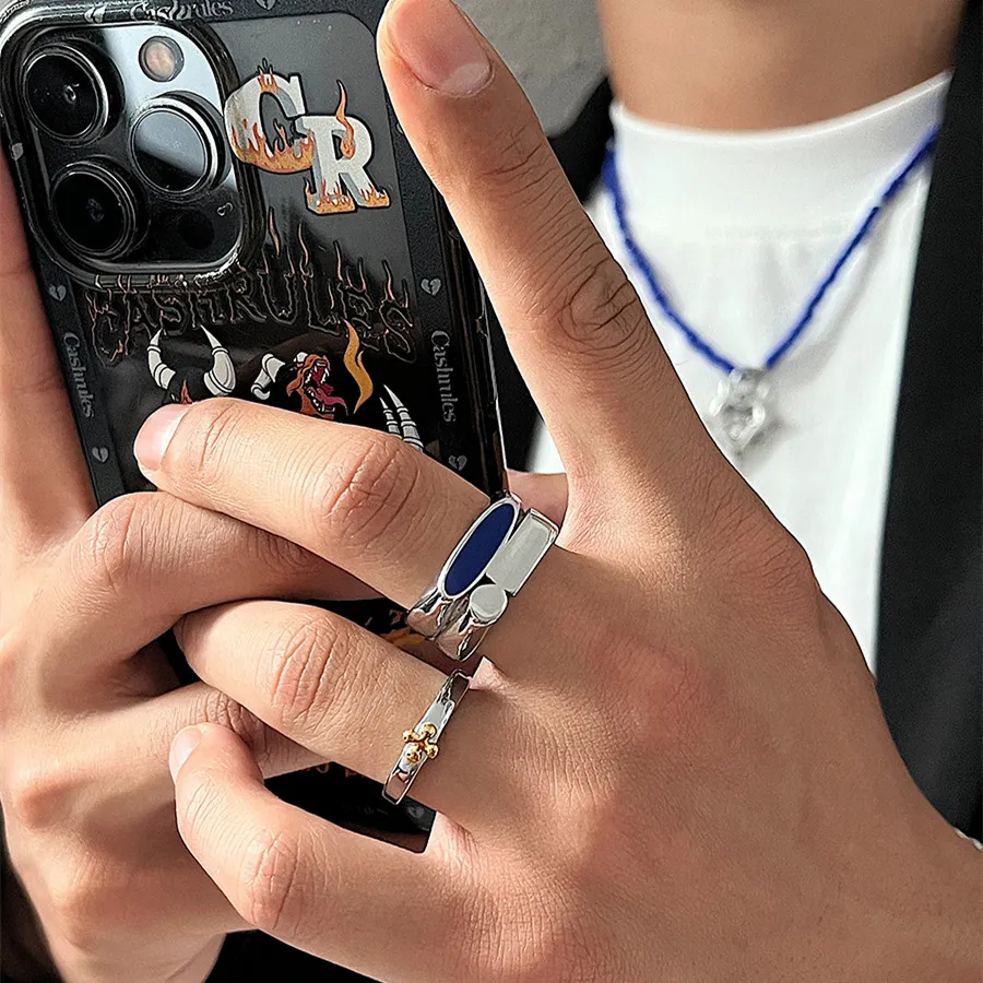 2022ss, синее двухслойное кольцо нерегулярной формы в корейском стиле, мужское холодное, элитное, минималистичное, нишевое ювелирное изделие из титановой стали High Street2663