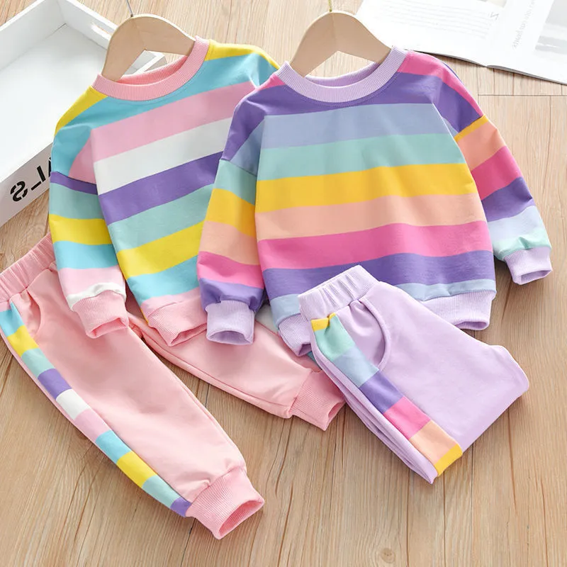 Children Girls Tracksuits Summer Casual Rainbow Clothing Sets Autumn T Shirts Pants Sport Suits Spring Clothes Set 220620