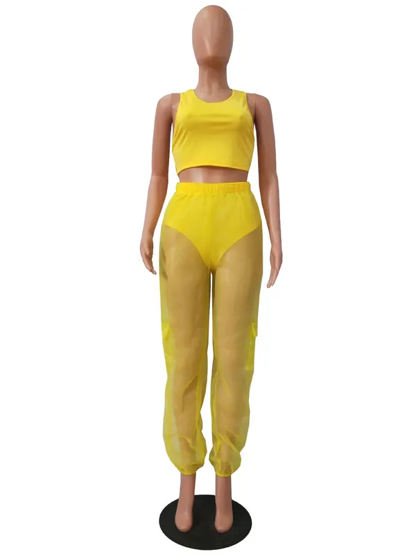 Neon Tracksuit Set Women Crop Top And Transparent Pants Sets Casual Jogging Femme Sportswear Summer Clothes Plus Size