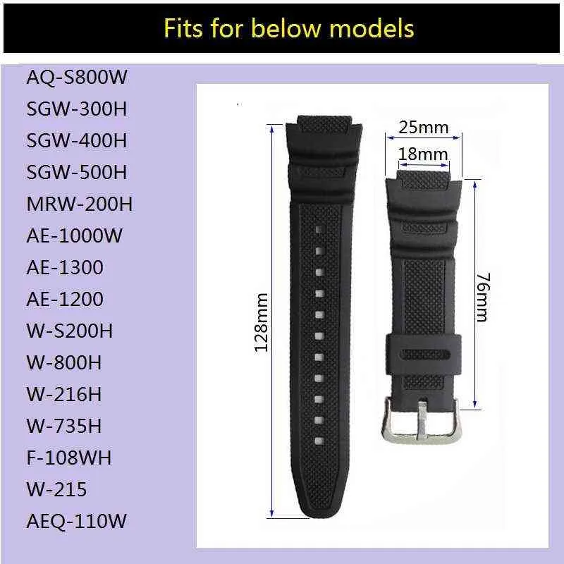 18 mm svart Sile-rem för Casio AE-0w AQ-S810W SGW-400H SGW-300H Gummiband Pin Spänne Armband Handledsarmband G220420