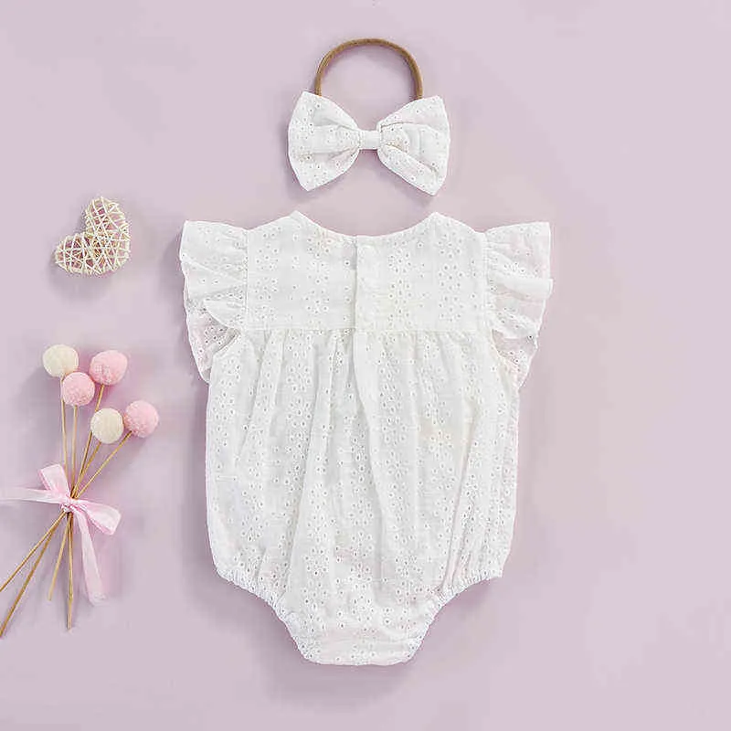 Lovely Baby Girls Summer Rompers Princess Newborn Infant Girls Elegant Hollow Flower Ruffles Romper Jumpsuits Headband Clothes G220521