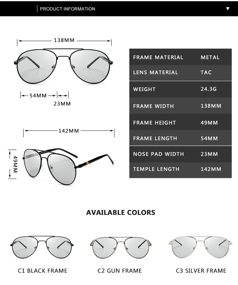 Óculos de sol picanos de pó polarizados sungless que conduzem os copos de sol Chameleon Sun Change Color Brand Designer 220705