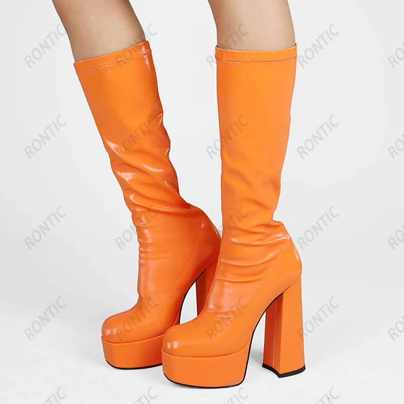 Rontic Handgjorda Kvinnor Våren Mid Calf Stövlar Slip på Chunky Heels Square Toe Gorgeous Blue Orange Green Party Shoes US Size 4-13